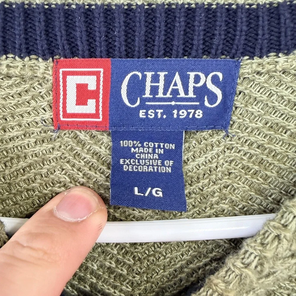 Chaps Sweater Mens Large Green Herringbone Knit Crewneck Cotton Pullover Logo